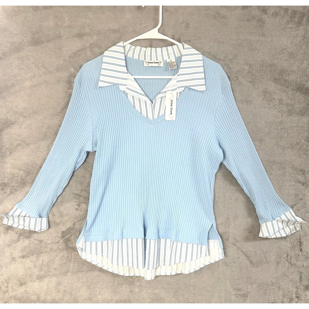 NWT Extra Touch Womens 1X Blue Ribbed Knit Top Layered Look Collar 3/4 Sleeve